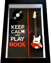 Miniatura Instrumento Musical Baixo Keep Calm and Play Rock  com quadro